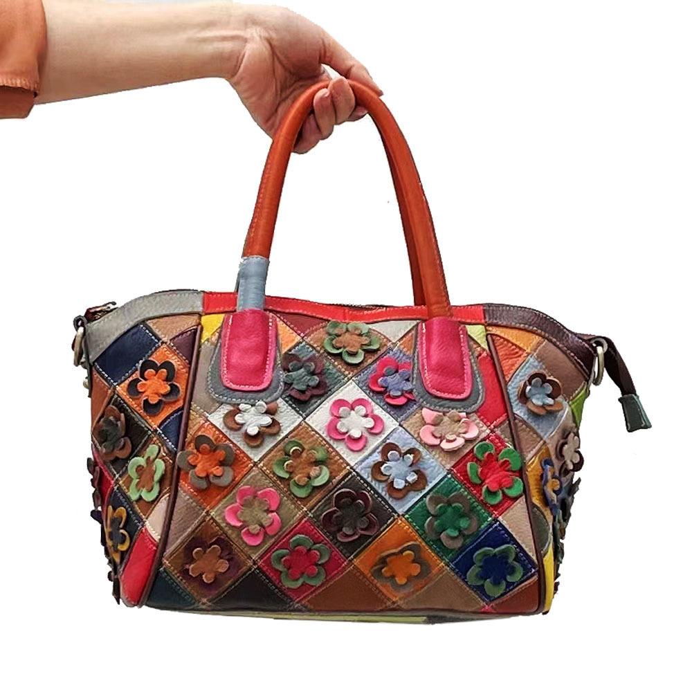 Кожаная сумка женская сумка повседневная ретро красочная контрастная цветочная сплайсированная сумка через плечо