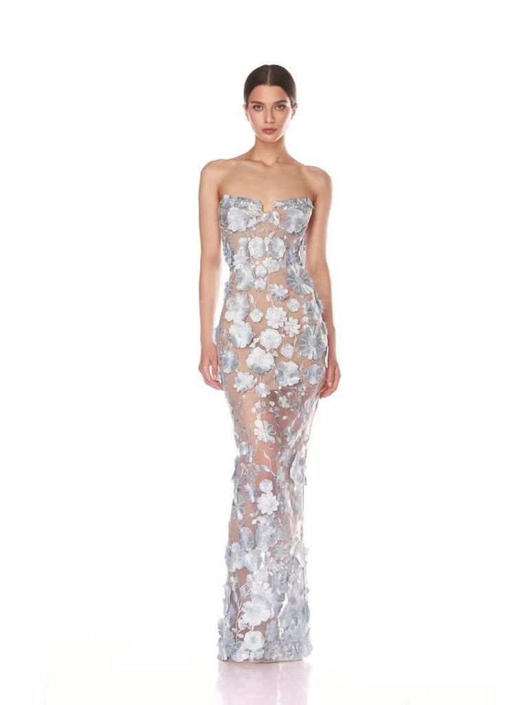 Европейский и американский дизайн Синее вечернее платье без бретелек с 3D-цветочными деталями