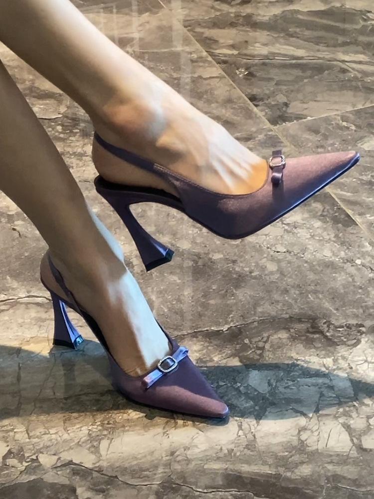 Burgundy Bow Buckle Rhinestone Sandals Horseshoe Heel Strap Sexy Celebrity High Heels