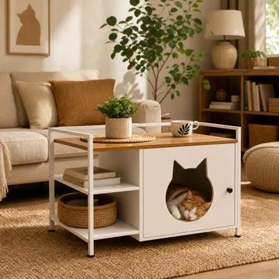 Zatte Cat-Head Litter Cabinet Side Table with Two Shelves