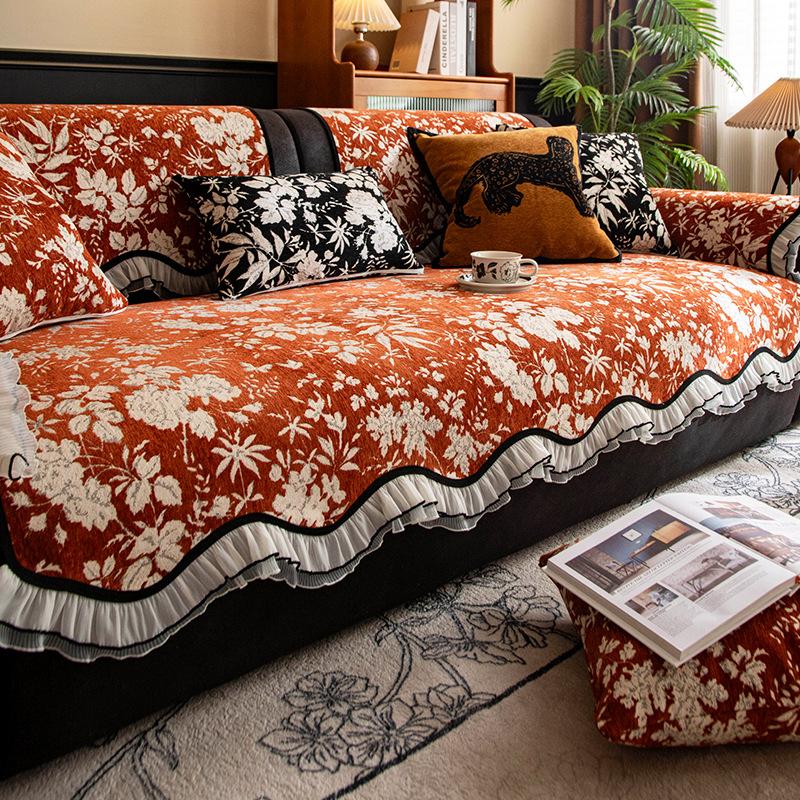 Подушка для дивана нестандартной формы 2025 новая ретро высококлассная четырехсезонная шениловая нескользящая фиксированная накидка на диван