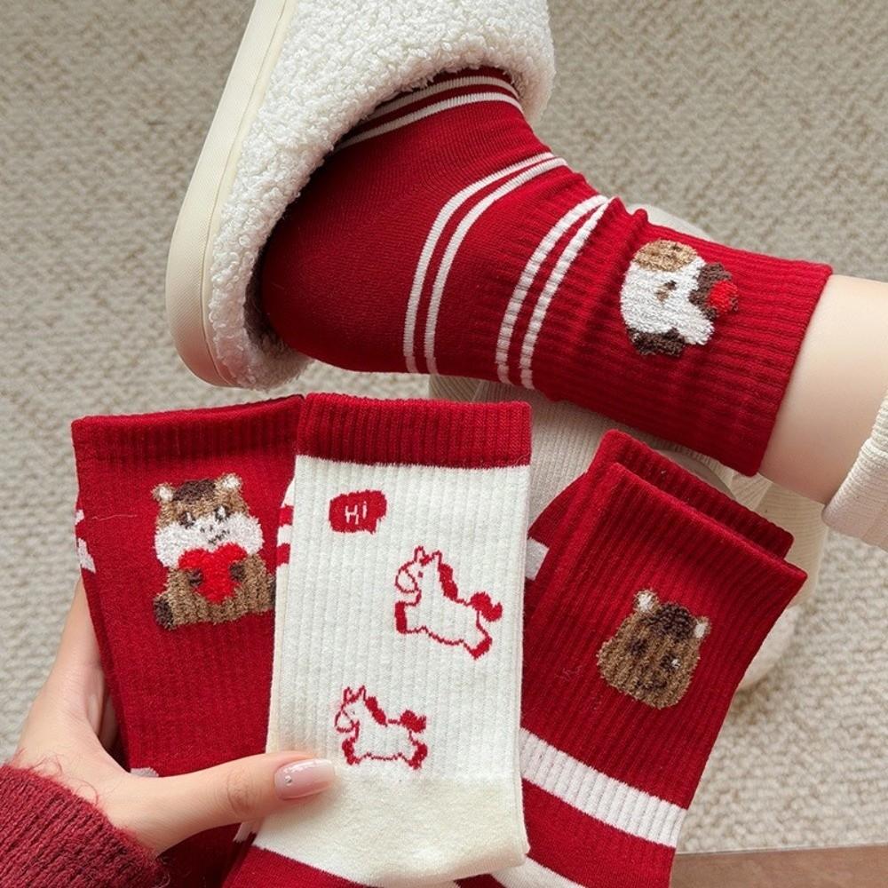 Cotton Cartoon Red Socks Soft Zodiac Year Socks Cute Year of The Horse Socks  Gift