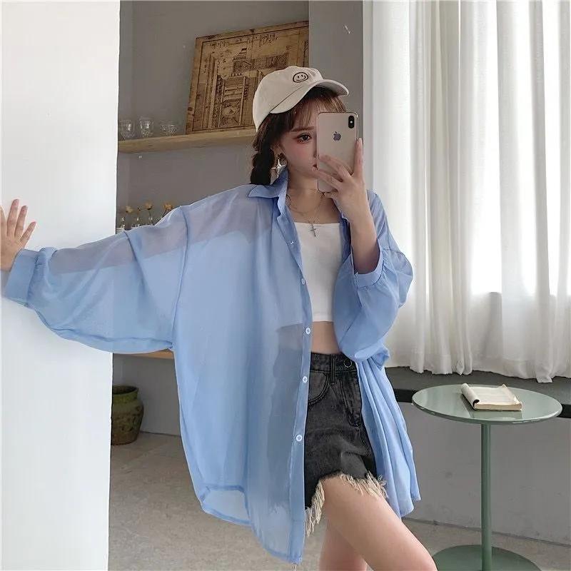 Шифоновые женские блузки с длинными рукавами, рубашки на пуговицах, тонкие солнцезащитные, с отложным воротником, мягкие универсальные женские топы, свободные в корейском стиле