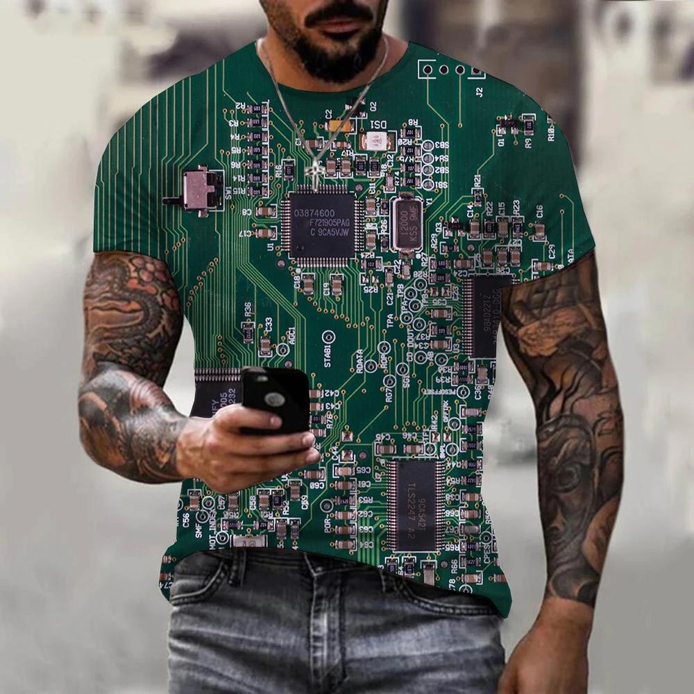2024 Newest Circuit Board Pattern 3D Print Summer Men's T-shirt Creative Casual Electronic Chip Short Sleeve Harajuku Street Top