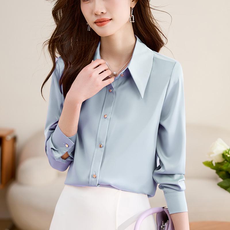 Women's Ash Blue Satin Long Sleeve Shirt - Retro Hong Kong Style, Spring Commute, Concealed Placket, Versatile Drapey Blouse