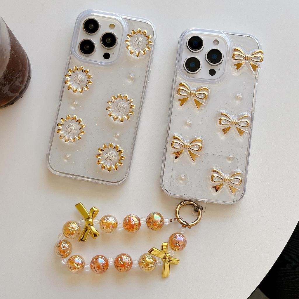 3D Чехол-бантик для iPhone 13-17 Pro Max: Прозрачный подсолнух эпоксидный дизайн.