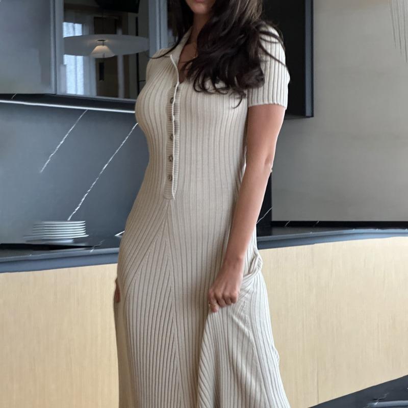 Вязаное платье макси для женщин, повседневное белое облегающее платье с отложным воротником и коротким рукавом, трикотажное платье в рубчик, женское уличное платье