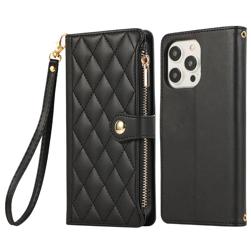 For iPhone 15 Pro Max Case Multi Card Slots Zipper Rhombus Leather Phone Cover with Wrist Strap