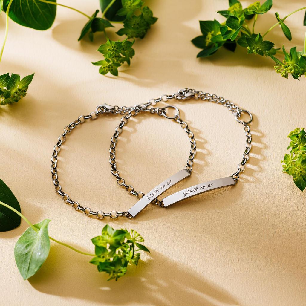 Pair Bracelet Set of 2 Allergy Free Stainless Steel Plate Plain Half Round Chain Simple Surgical Stainless Steel Silver Silver 15cm 24cm [White