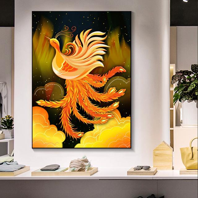 Рамка из цельного дерева Абстрактная картина маслом Феникс Холст Картина Стена Красивая современная благородная птица Художественный принт Плакат Гостиная Домашний декор
