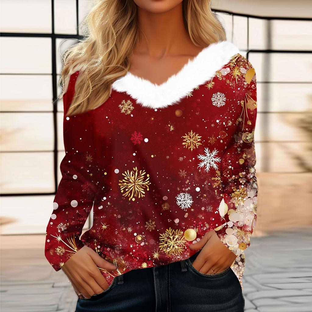 Женская футболка, рождественская рубашка с длинным рукавом, вечерние, рождественский флисовый воротник, топ с v-образным вырезом