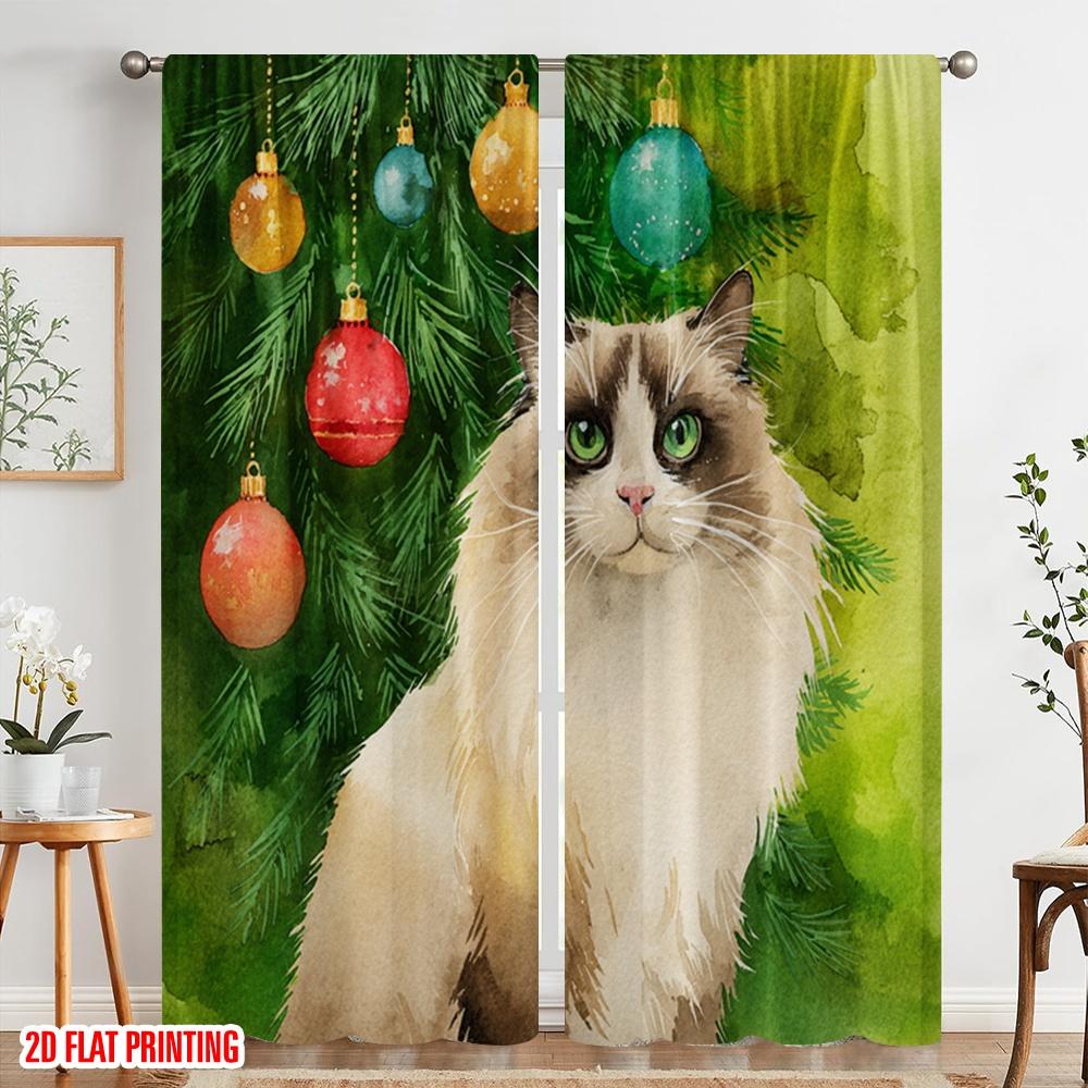 2pcs,2D Plane Printing Curtains Digital Printed Longhair Cat by Tree Durable Polyester (without Rod) Art Deco Festive Use for