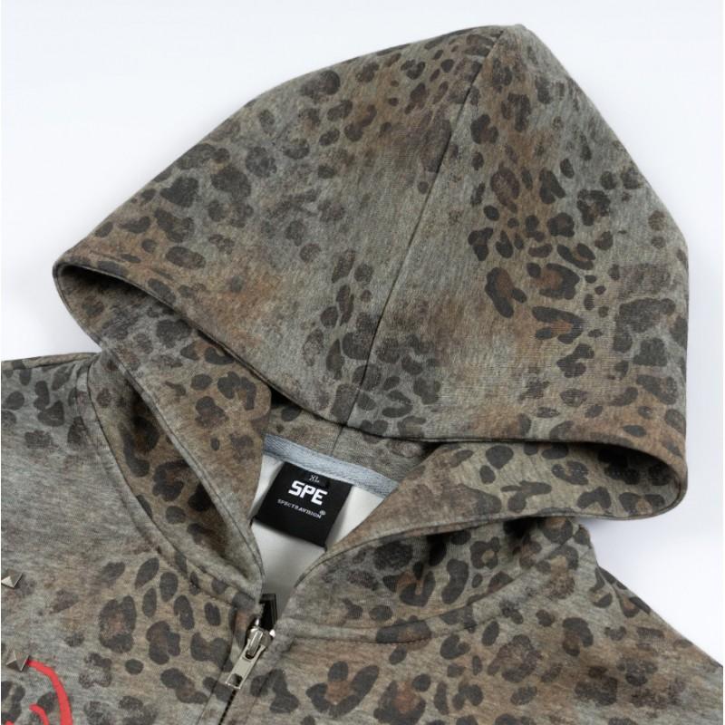 Vintage Leopard Print Hooded Zip-Up Sweatshirt With Red Thorn Studs Streetwear Unisex Oversized Casual Top