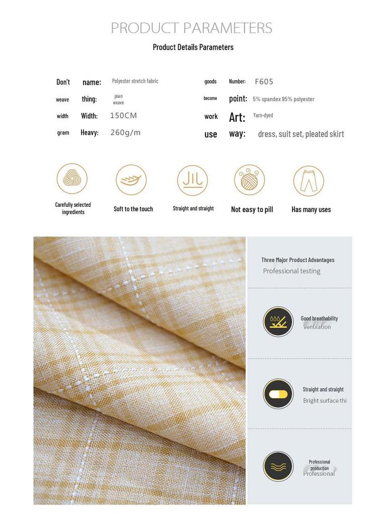 Plaid Yarn-Dyed Stretch Polyester Fabric for Women's Spring/Autumn Suits, Shirts, and Dresses.