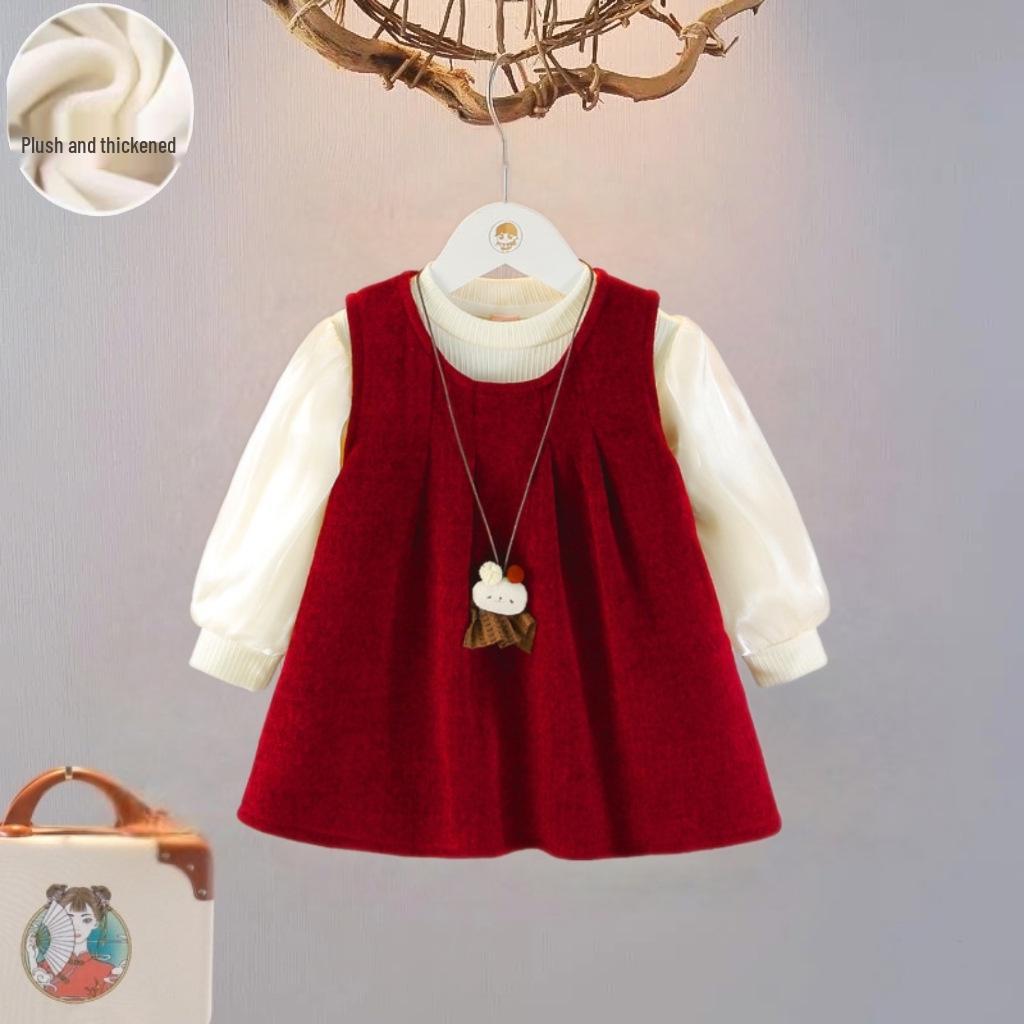Autumn/Winter 2025 Girls' Fleece-Lined Dress Set: Trendy Party Outfit for One-Year-Olds