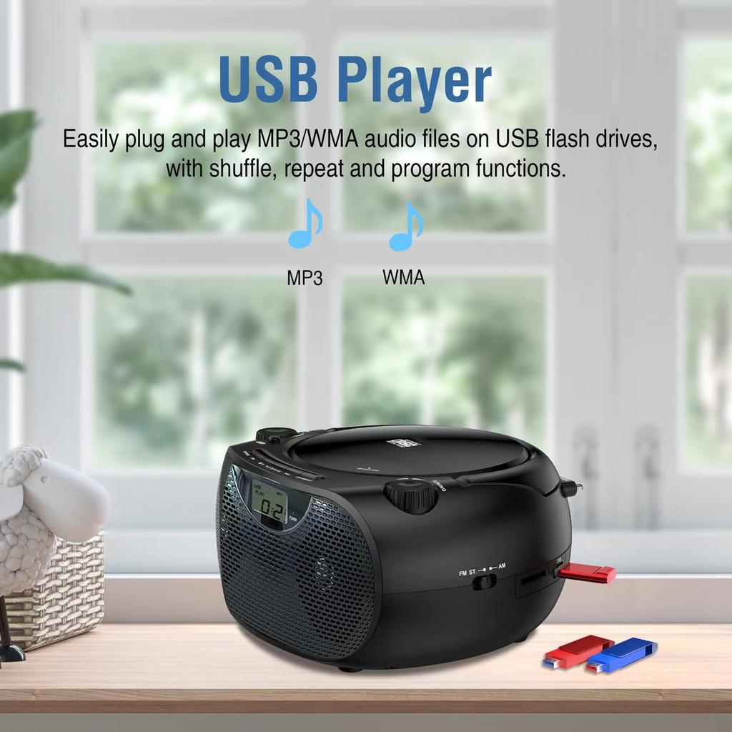 Portable Stereo CD Player Boombox with AM/FM Radio Bluetooth Speaker Player USB Playback