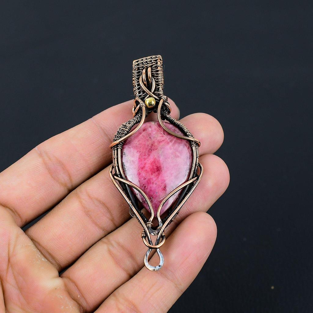 Rhodonite Gemstone Pure Copper Wire Wrapped Handmade Pendant Jewelry