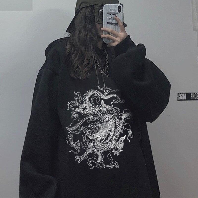 Gothic Dragon Print Hoodies Women Harajuku Vintage Hoodie Sweatshirt Oversized Streetwear Y2k Casual Winter Autumn Grunge Coat