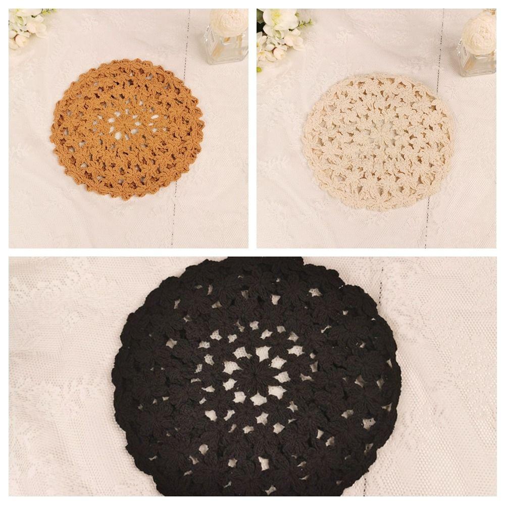 Linen Hollowed Out Beret Hat Cotton Spring Crochet Knitted Cap Lace Hollow Flower Hat  Beach