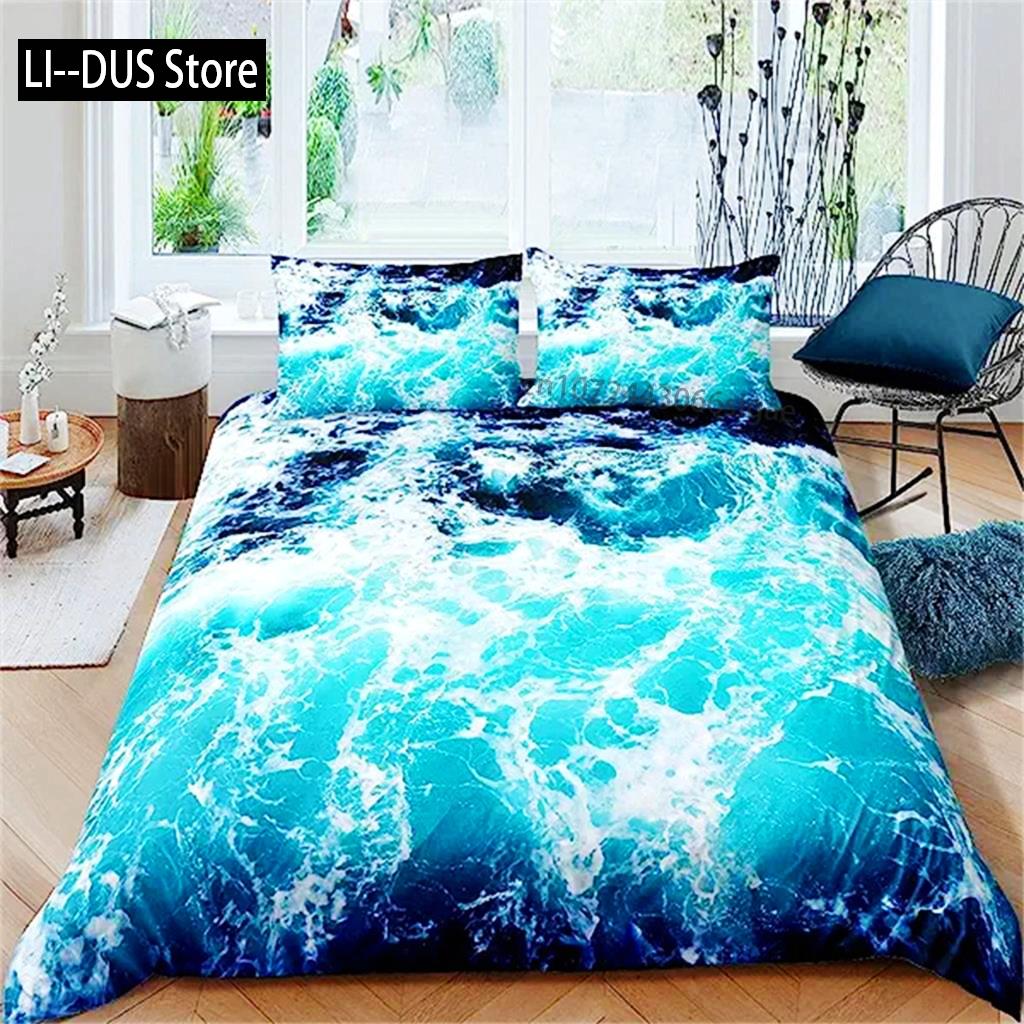 Blue Ocean Duvet Cover Waves Bedding Set Hawaiian Tripocal Sea Wave Sea Beach Bedding Comforter Cover Microfiber For Women Men