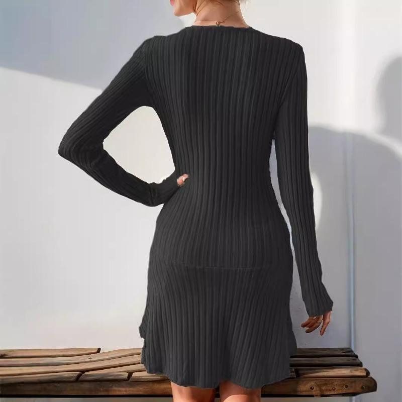 Women's New Fashion Solid Colour Waist Long Sleeve Dresses