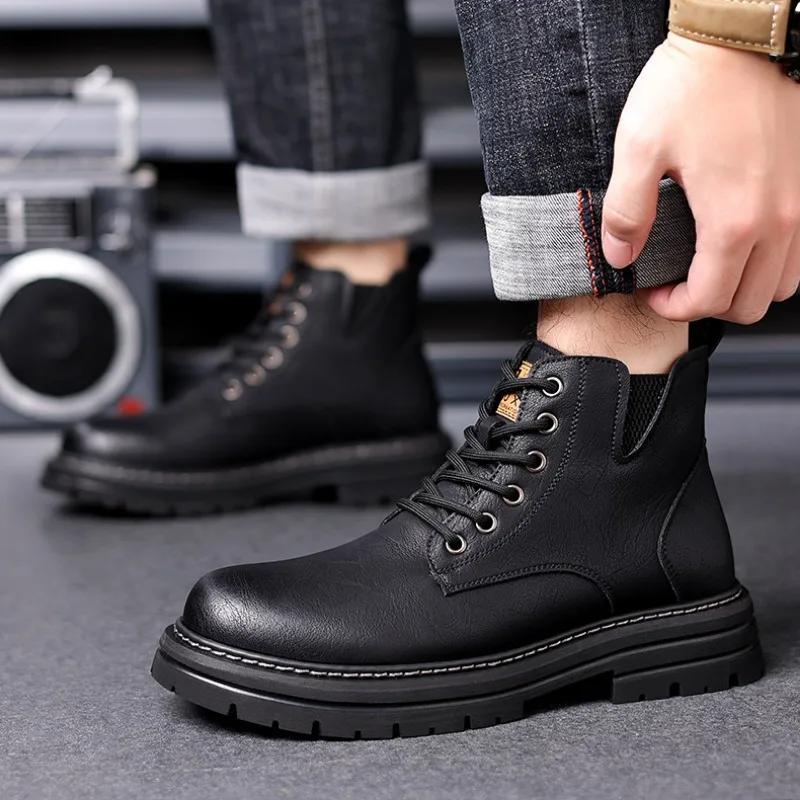 Модные осенне-зимние кожаные ботинки на платформе для мужчин в стиле ретро, дизайнерские мужские ботинки из хлопка с мягкой подошвой, модные нескользящие полусапожки для мужчин