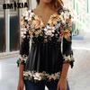 Women's Fashion Casual Floral Printing Loose 3/4 Sleeves V-Neck T-shirts and Tops