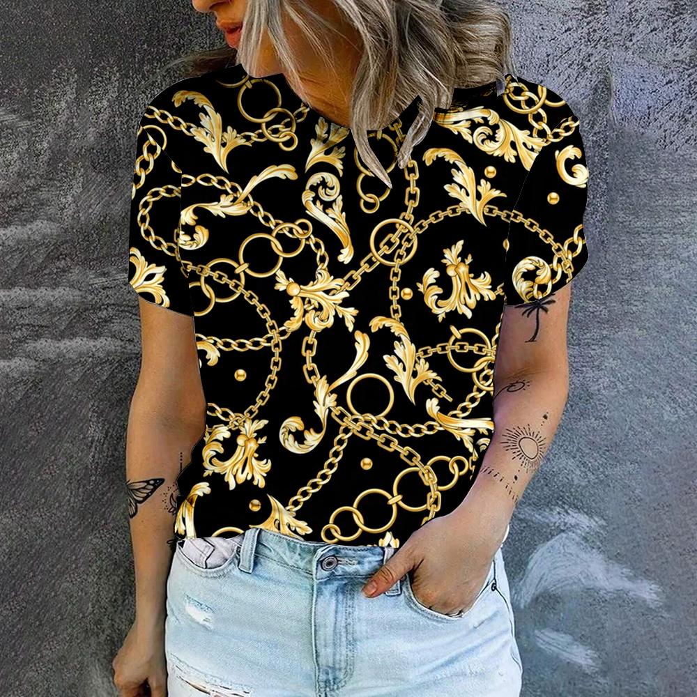 Женская футболка с принтом в стиле ретро с золотым ожерельем Футболка с модной популярной одеждой Футболка большого размера Летняя женская футболка с круглым вырезом