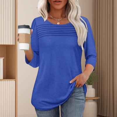 Женские топы с круглым вырезом и рукавом 3/4, плиссированная блузка, весна-лето, однотонная, свободная посадка, повседневная футболка, повседневная одежда