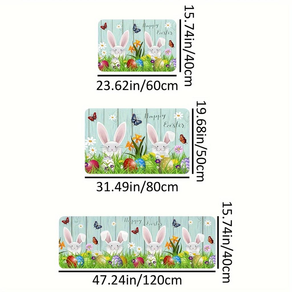 1Pcs Easter Themed Kitchen Mat Soft Cute Bunny Egg And Wood Grain Print Kitchen Floor Mat Waterproof Non-slip Oil-proof Floor Mat Runner Rug