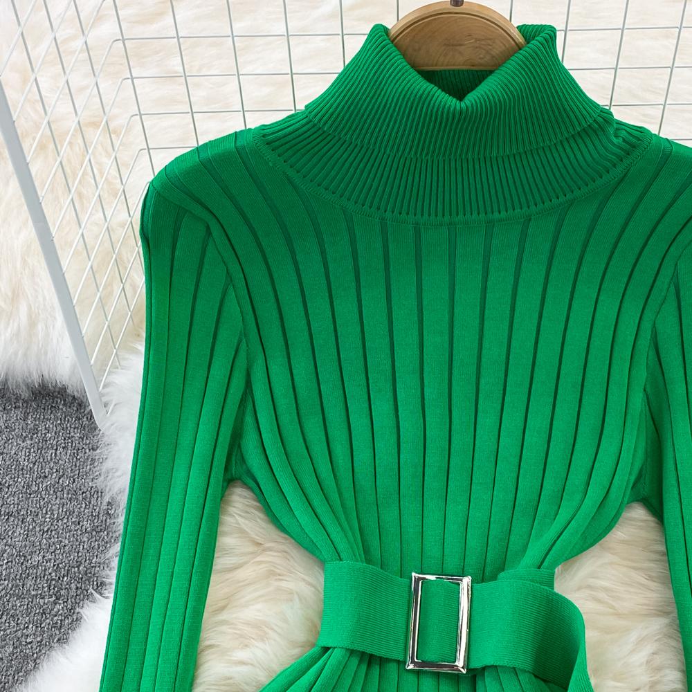 Шикарное элегантное облегающее платье с высоким воротником и длинными рукавами и поясом, пикантное модное вязаное платье, тонкий осенне-зимний свитер-карандаш, халат