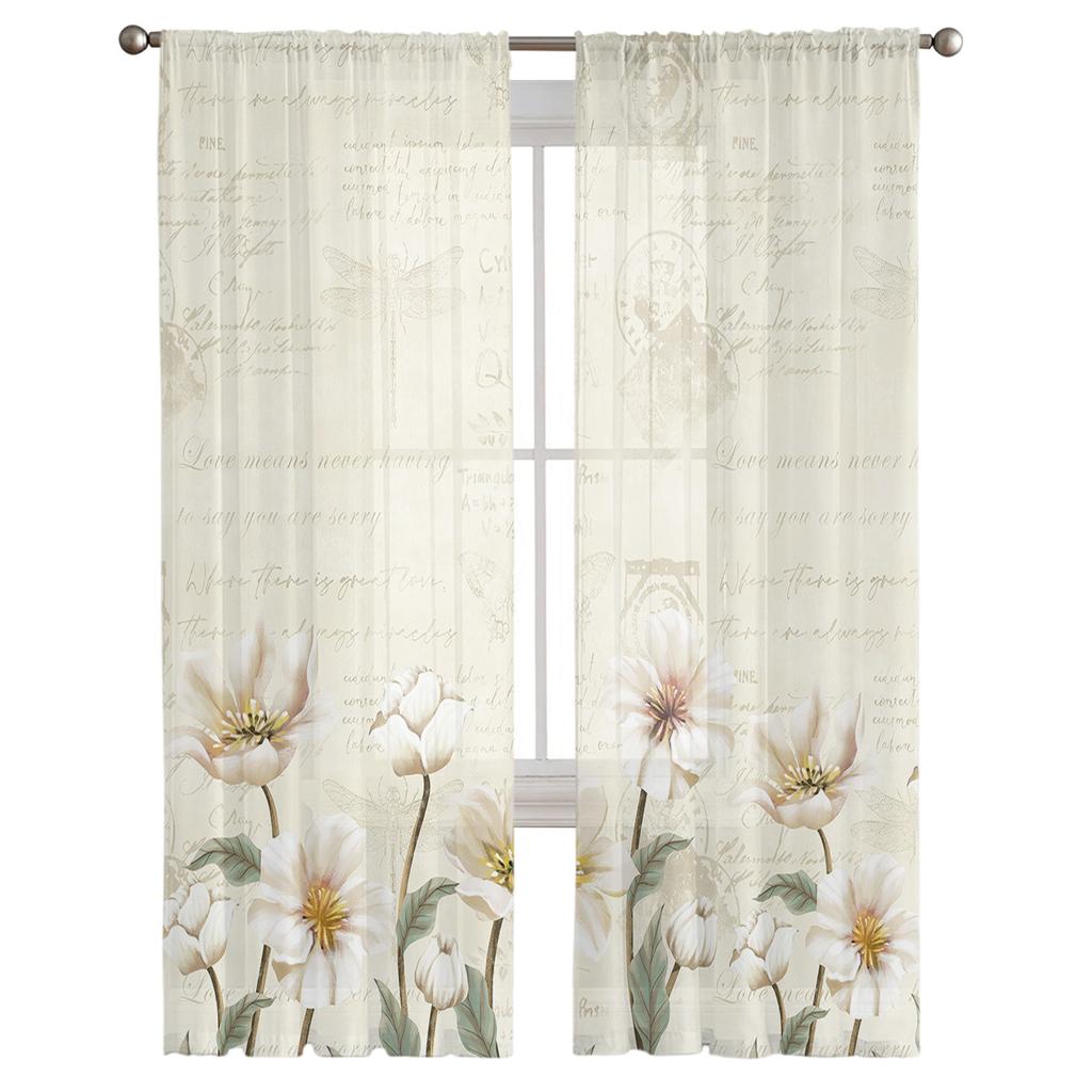Rustic Vintage Tulips Flowers Sheer Voile Window Curtains Tulle Curtains Living Room Balcony Decoration Drapes