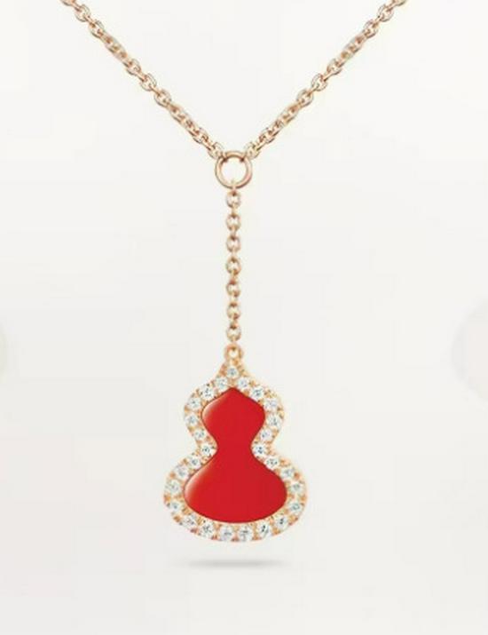 V Gold Exquisite Kylin Gourd Necklace, Medium Mother-of-Pearl & Red Agate, 18K Rose Gold CNC Carved.