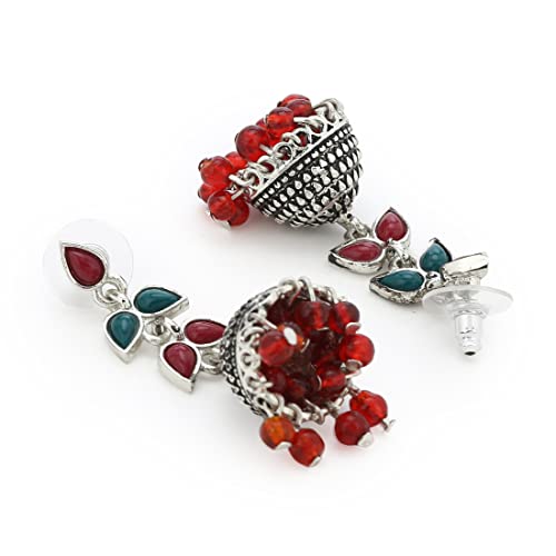 Великолепные оксидированные серьги Estele Jhumka с родиевым покрытием и красной и зеленой эмалью для женщин