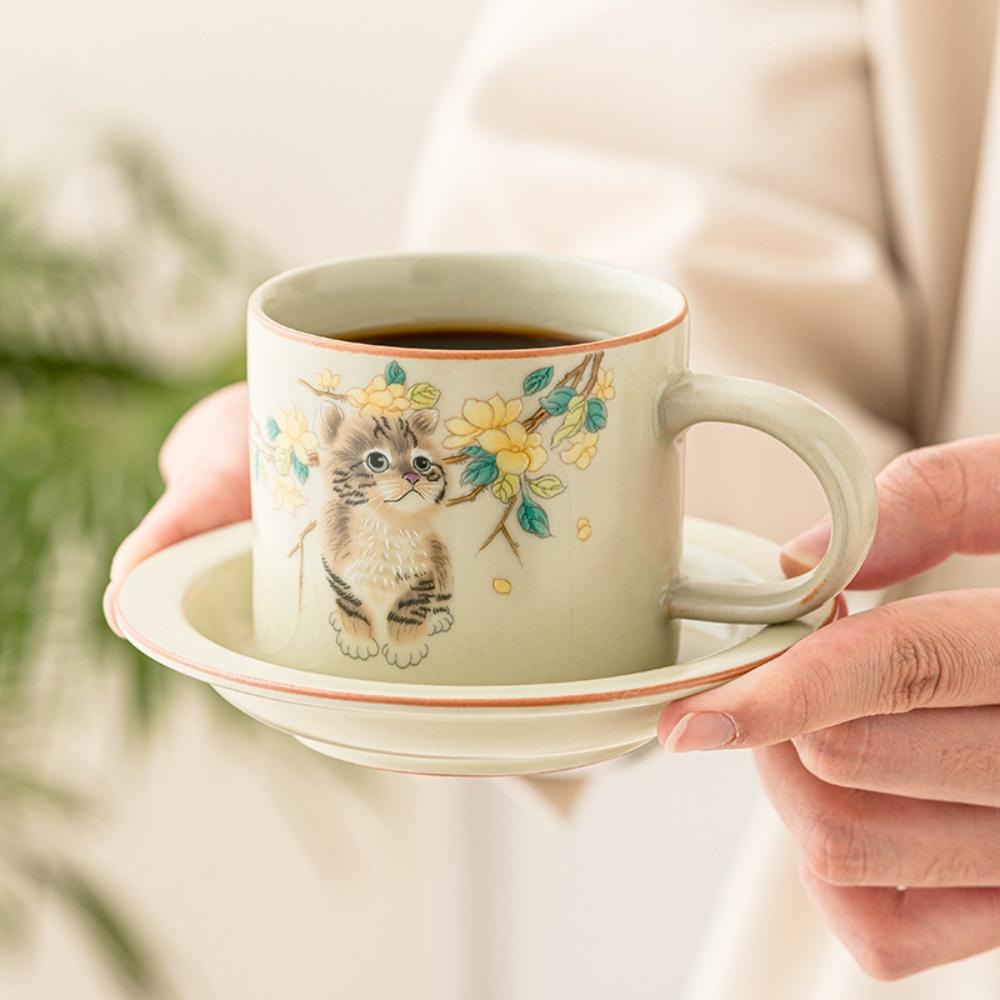 Милая кофейная кружка с блюдцем с кошачьим узором Руяо, керамическая чашка для латте-арта, капучино, бариста