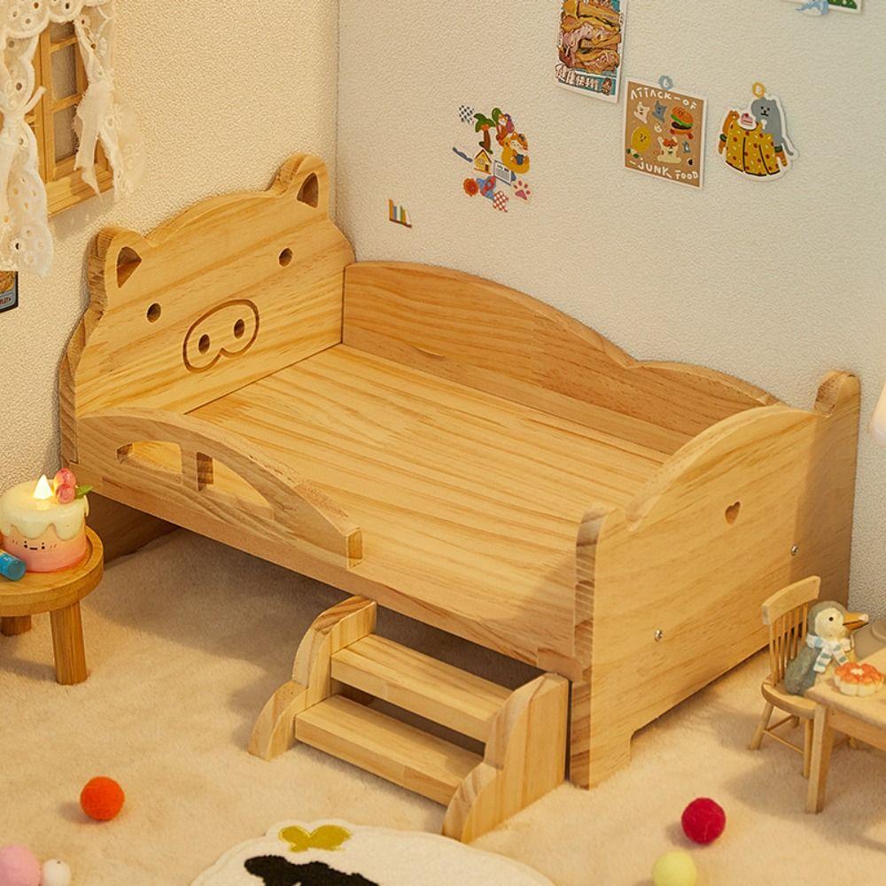 With Stairs Wooden Mini Bed Pig Rabbit Dollhouse Toy Bed Doll Miniature Bed  Photo Props