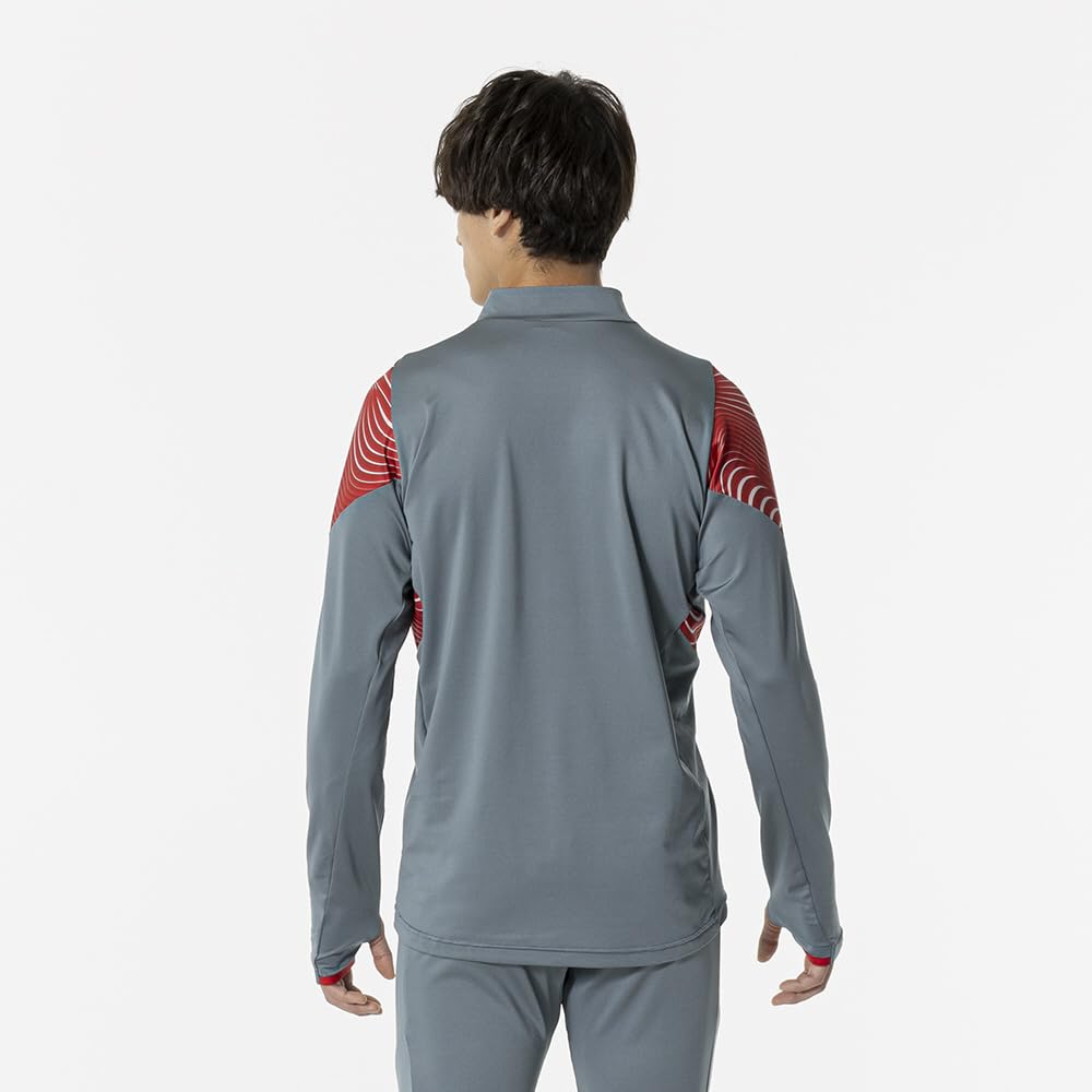 Mizuno Футбольная тренировочная длинная приталенная серая толстовка, рубашка на молнии до середины, рукав, посадка, унисекс, P2MCB036,