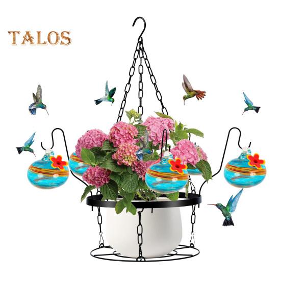 Кормушка для колибри из выдувного стекла ручной работы, подвесной металлический держатель для кашпо 2 в 1 с 6 маленькими кормушками для птиц из выдувного стекла для декора окон в саду и на заднем дворе