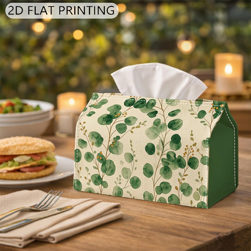 2D Flat 1pc Tissue Box, Watercolor Eucalyptus Leaves Pattern, Fresh Greenery Design Tissue Holder for Home, Office, Bathroom, Living Room, Bedroom, Ki