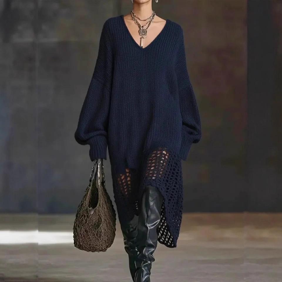 Европейское и американское вязаное платье с V-образным вырезом, неровным подолом и ажурным дизайном