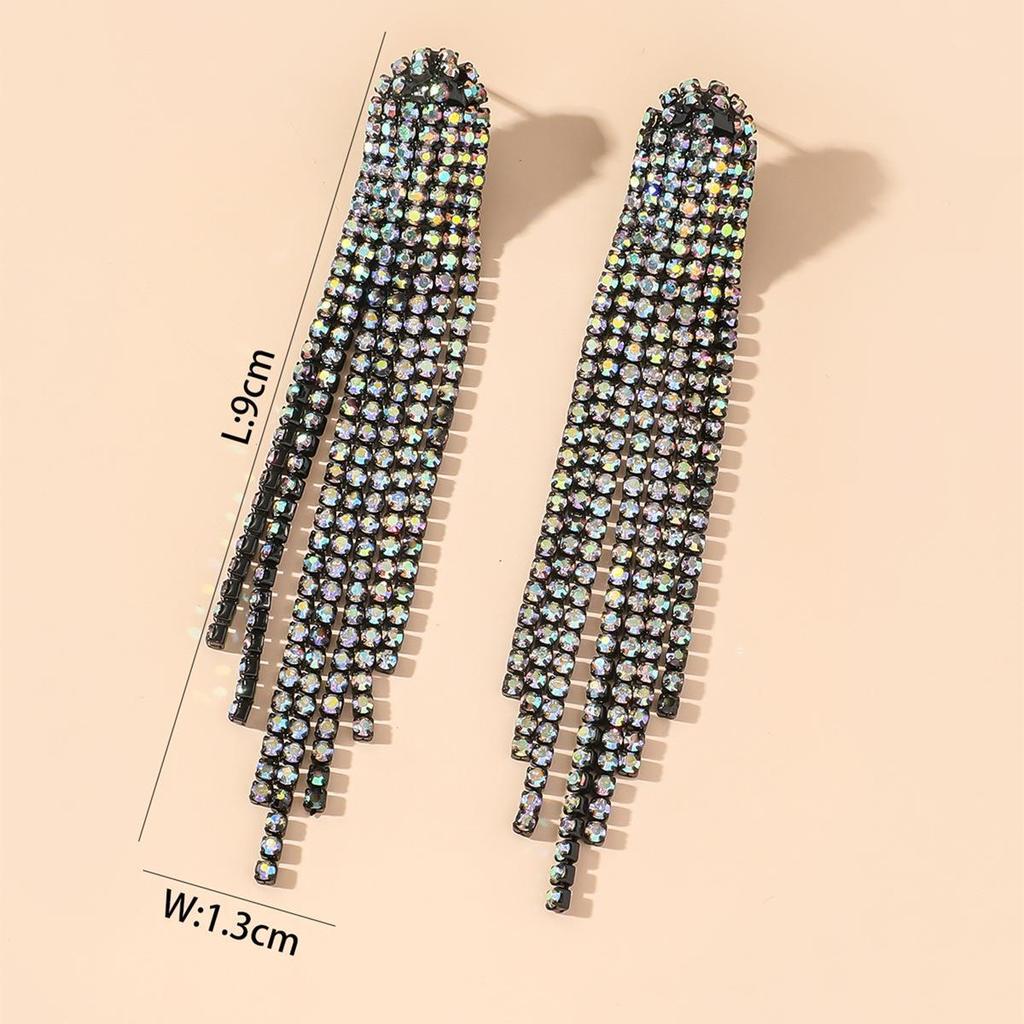 European & American Glam Rhinestone Tassel Long Earrings for Evening Events