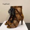 Fashion Leopard Print Mesh Ankle Boots Woman Chic Peep Toe High Heel Fishnet Booties Ladies Lace Tied Latin Tango Salsa Dance Shoes
