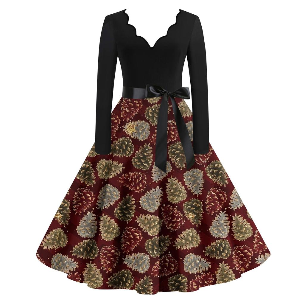 Женское повседневное модное платье с V-образным вырезом и длинными рукавами в стиле ретро с рождественским принтом в стиле ретро, осень