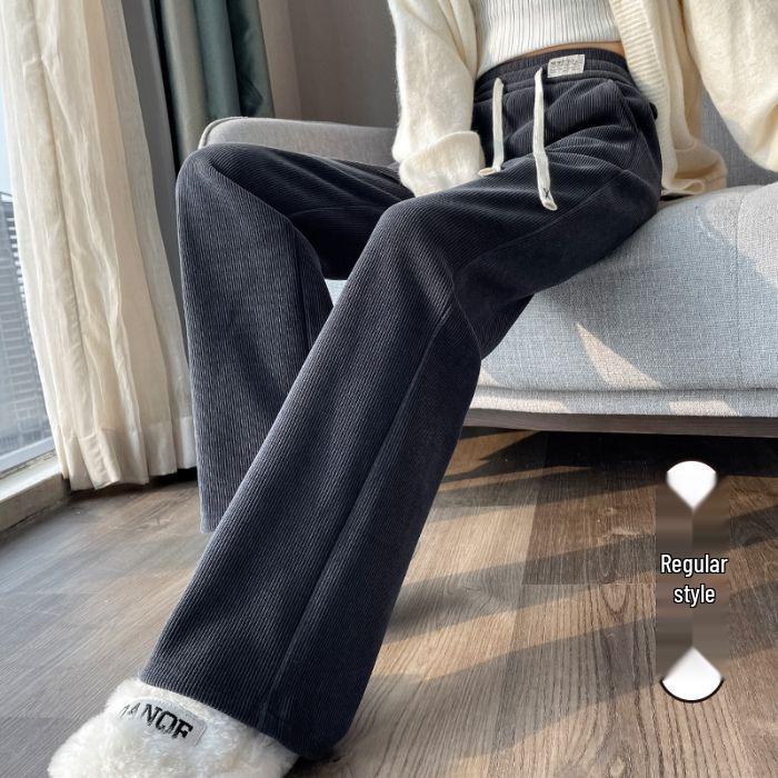 Женские вельветовые брюки с широкими штанинами на флисовой подкладке, Осень/Зима 2025 - Повседневные, Свободные, Теплые, Прямого кроя