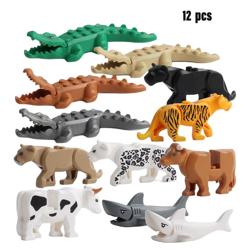 Kids' Puzzle Building Blocks Toy Set Mini Leopard Crocodile And Shark Animal Models 12 Pieces