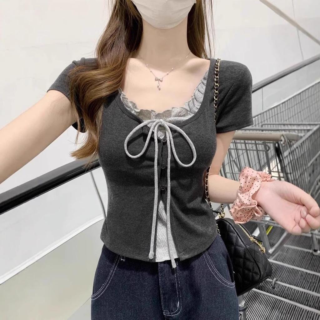 Women's Summer Chic Ruffled Lace-Up U-Neck Short-Sleeve T-Shirt, Slim Fit, Faux Two-Piece Design