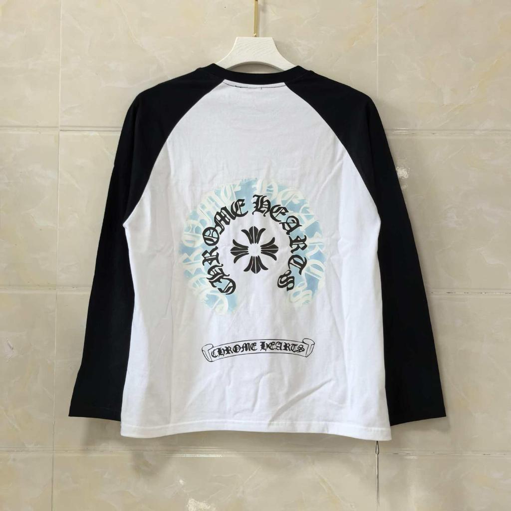 25SS Cross Chrome Hoof Санскритный Принт Черно-белая Футболка с Длинным Рукавом Реглан