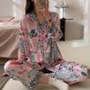 Spotted Leopard Print Pajama Set for Women Idyllic Style Long Sleeve Pant Female Lounge 2024 Autumn Winter New Cartoon Sleepwear