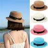 For Women Girls Breathable Flat Brim Bowknot Panama Beach Hat Sun Hat Straw Cap