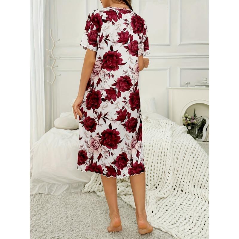 Большой размер, круглый вырез, короткий рукав, синий цвет с цветами абрикоса, домашняя одежда, ночная рубашка, платье, повседневный стиль, женская одежда с принтом